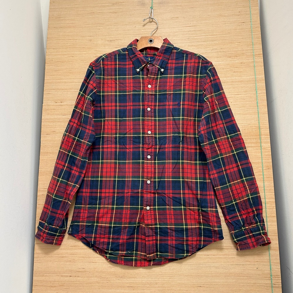 Polo Ralph Lauren Mens Slim Fit Plaid Button Down Shirt Red Navy Blue Medium